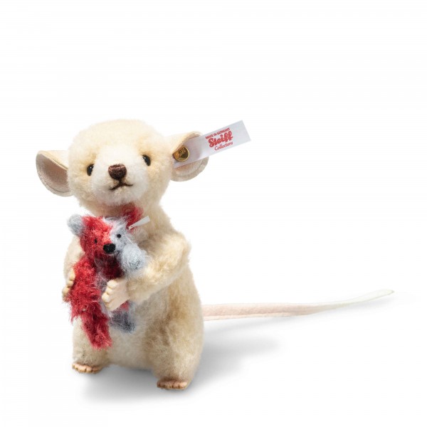 EAN 007385 Steiff Lina Mouse with Harlekin Teddy Bear 3 ways jointed created in finest wool plush. In her arms is a fully jointed red and blue mohair Harlequin teddy bear. Limited