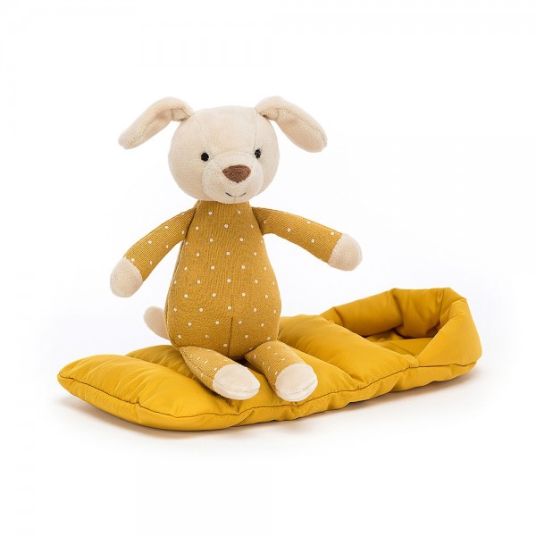 Jellycat Snuggler Puppy. Mustard spotty bodied beige puppy. Mustard